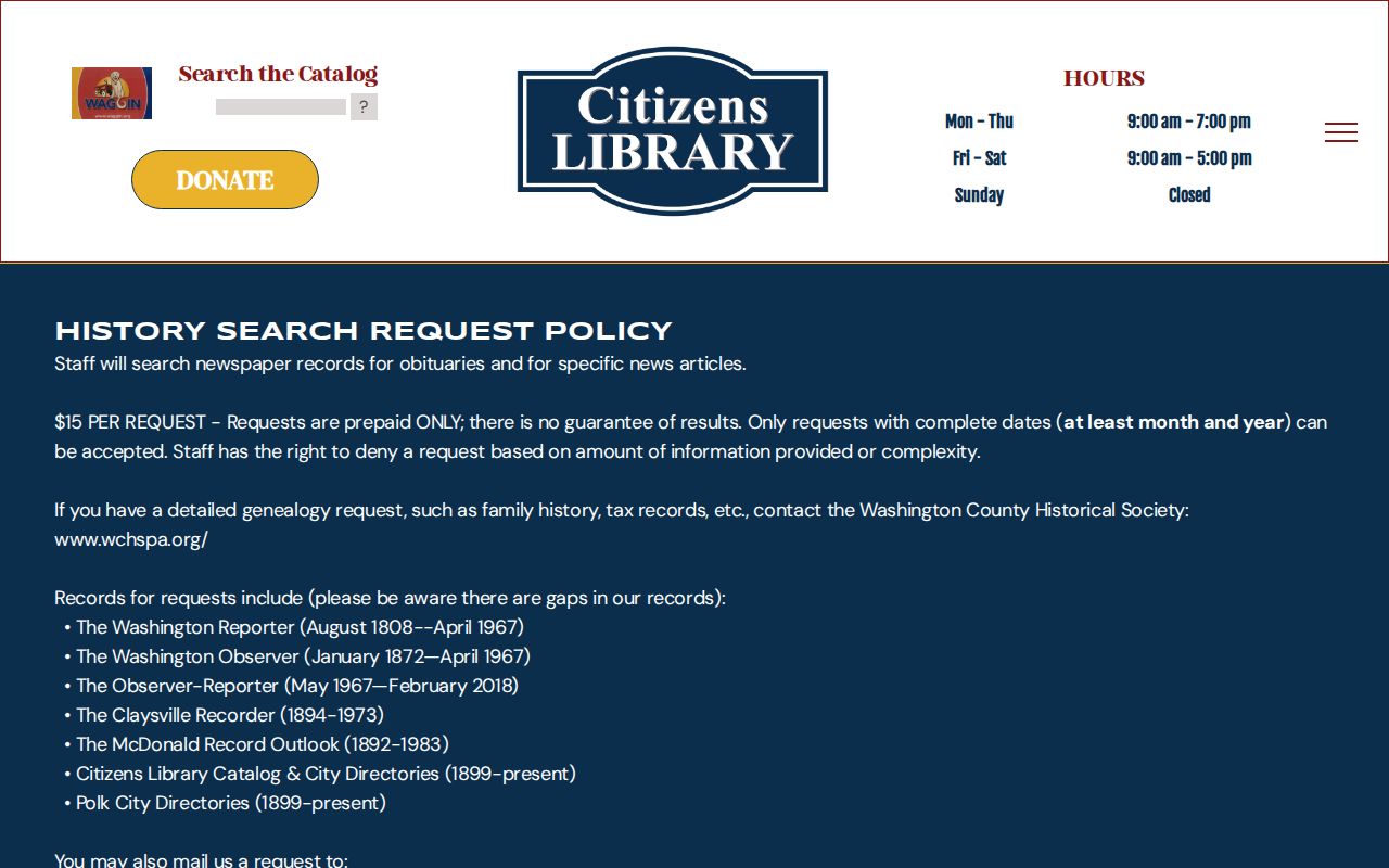 Washington previous residents research through Citizens Library history search