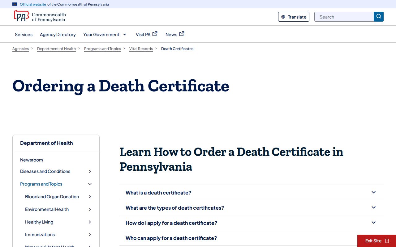 Washington resident lookup Pennsylvania death certificate ordering information