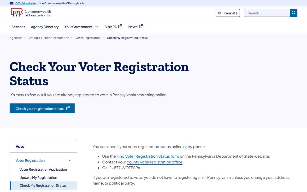 Washington resident lookup voter registration status instructions from Pennsylvania
